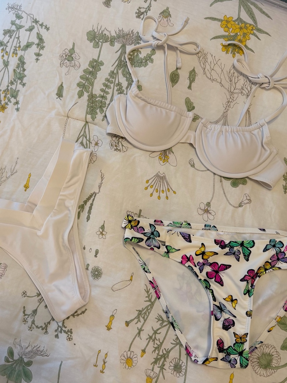 SHEIN White Bikini Top, White High Waist Bottoms, & Butterfly Print Bottoms